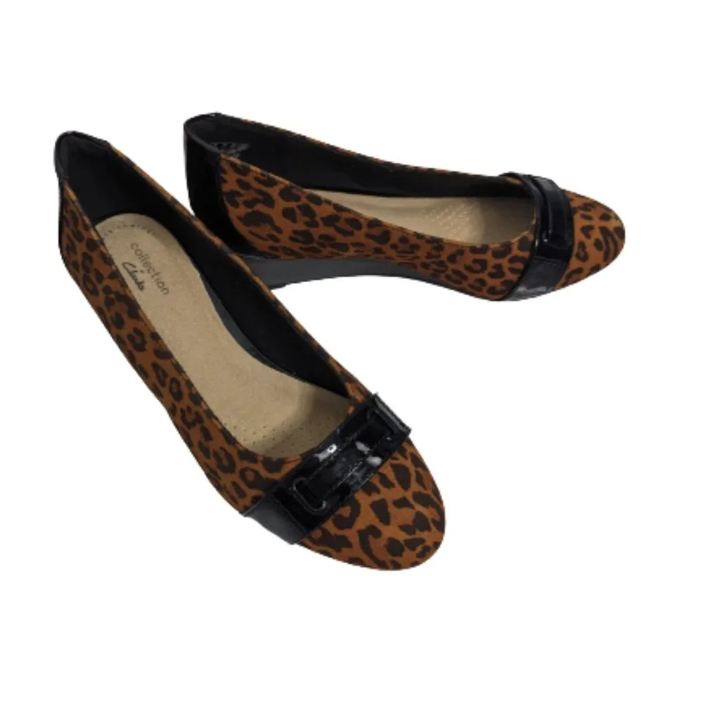Clarks Leopard Print Mallory Strap Wedge Shoes 7 1/2W